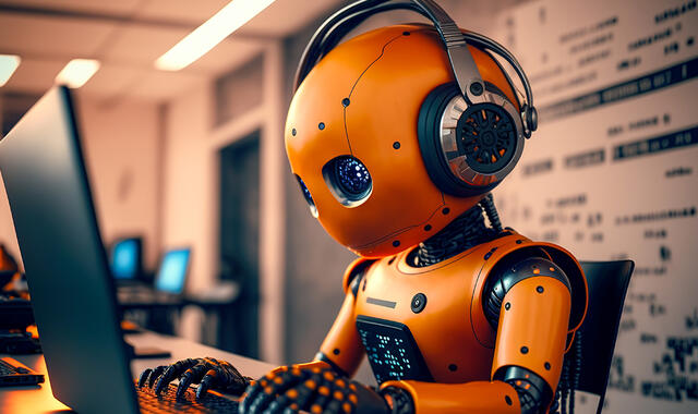En AI-robot sitter vid dator och fixar jobbet. 