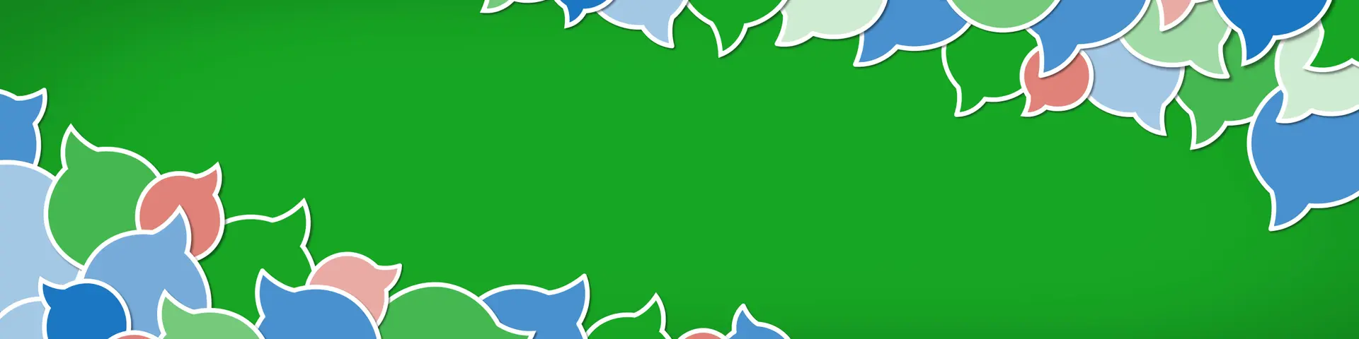 Grön bakgrundsbild med pratbubblor i glada färger.