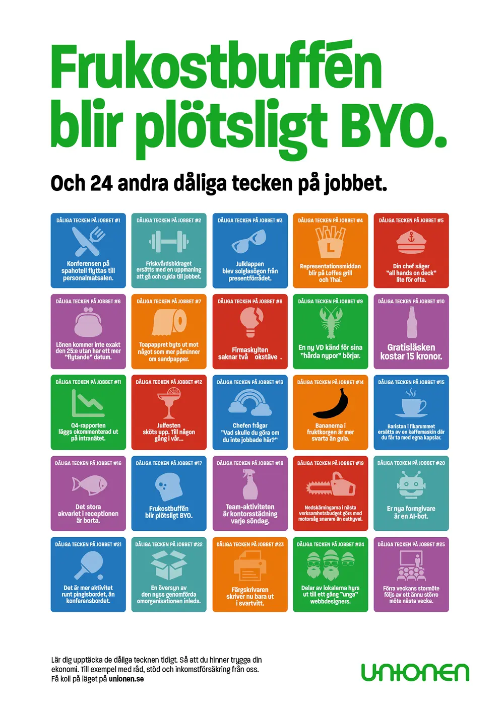 Affisch med 25 dåliga tecken på jobbet.