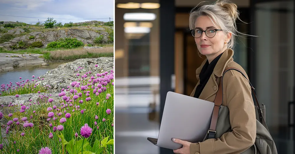 Hon är redo för semester - på väg ifrån kontoret med väska och laptop. 