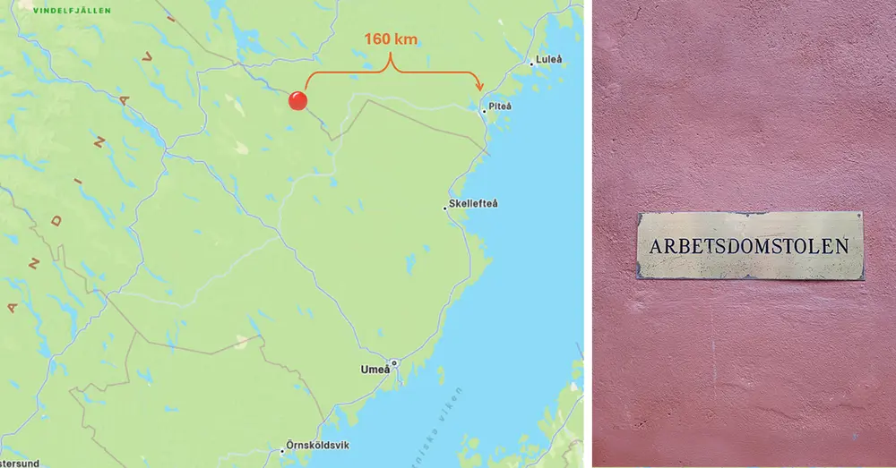 Karta över sträckan mellan Malå och Piteå samt Arbetsdomstolen. 