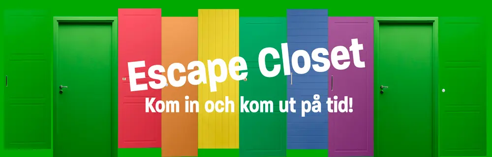 Garderobsväggar i regnbågens färger med rubriken "Escape Closet"