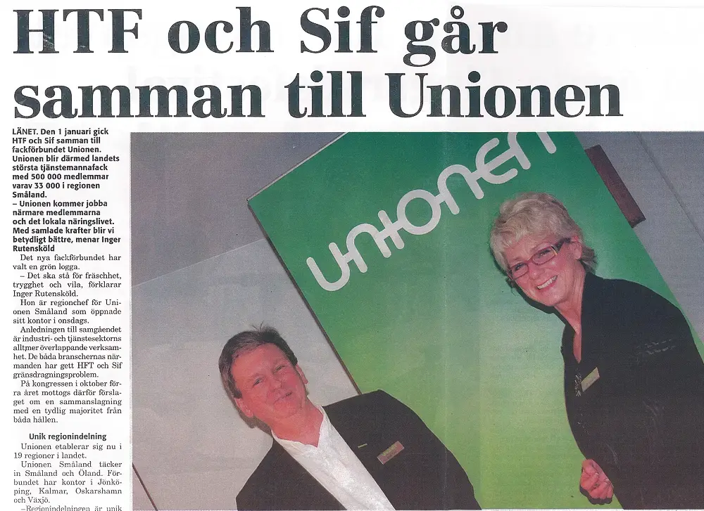 Tidningsurklipp med artikelrubriken "HTF och Sif går samman till Unionen". 