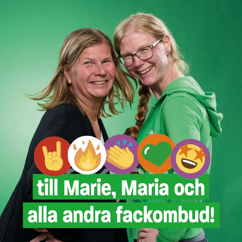 Två kvinnor mot grön bakgrund och ett antal emoijsar
