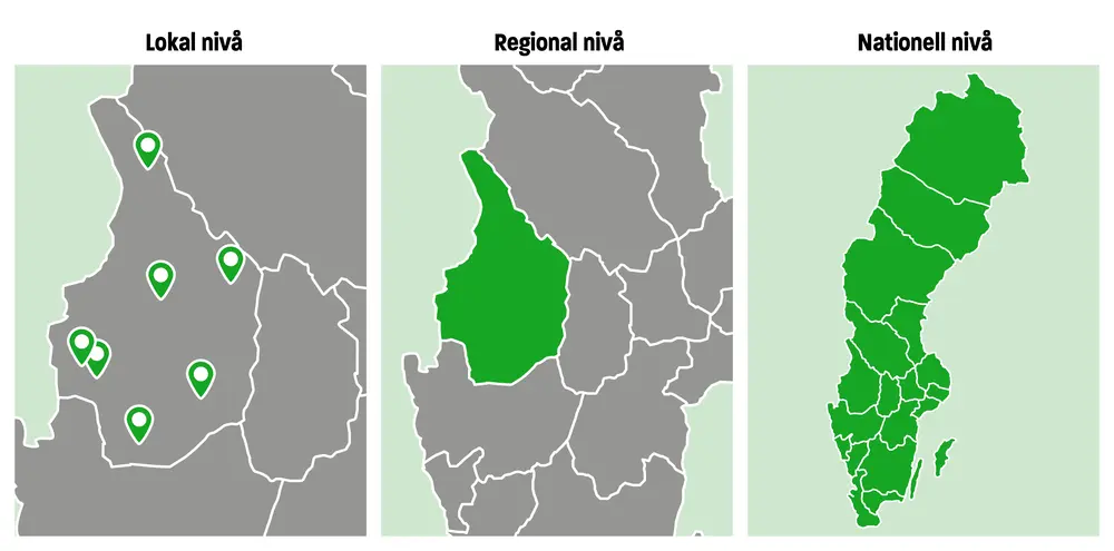 Sverigekarta som visar lokal, regional och nationell nivå. 
