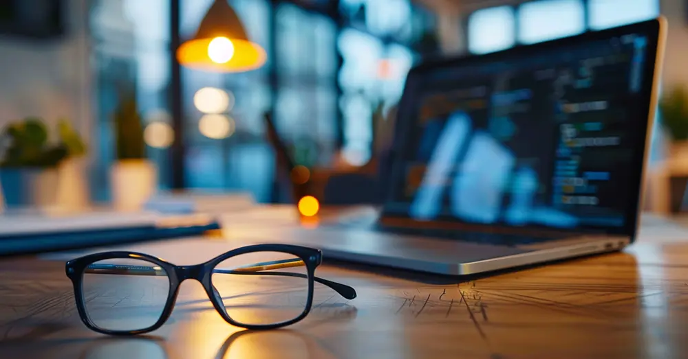 Laptop, eye glasses at office desk