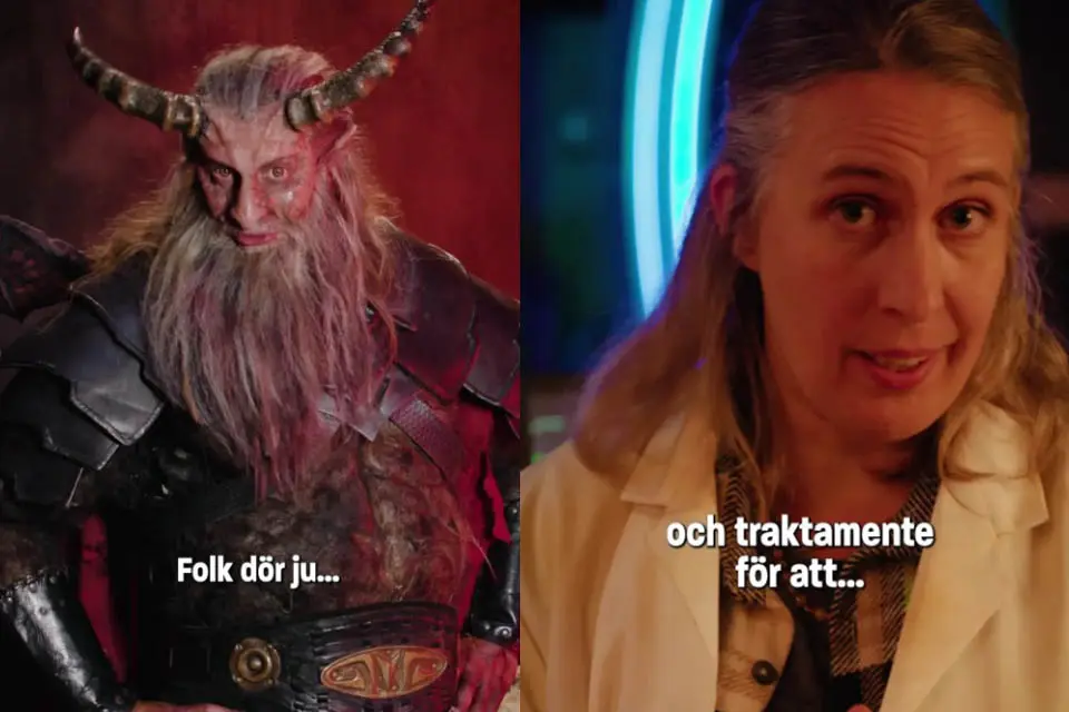 Skärmdump på djävulen och tidsresenären från Unionens kampanj "Alla jobb behöver Unionen"
