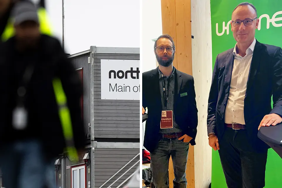 Anställda lämnar anläggningen på Northvolt, samt bild på Unionens regionschef för västerbotten Patrik Nilsson och regionalaombudsmannen Dennis Meijer