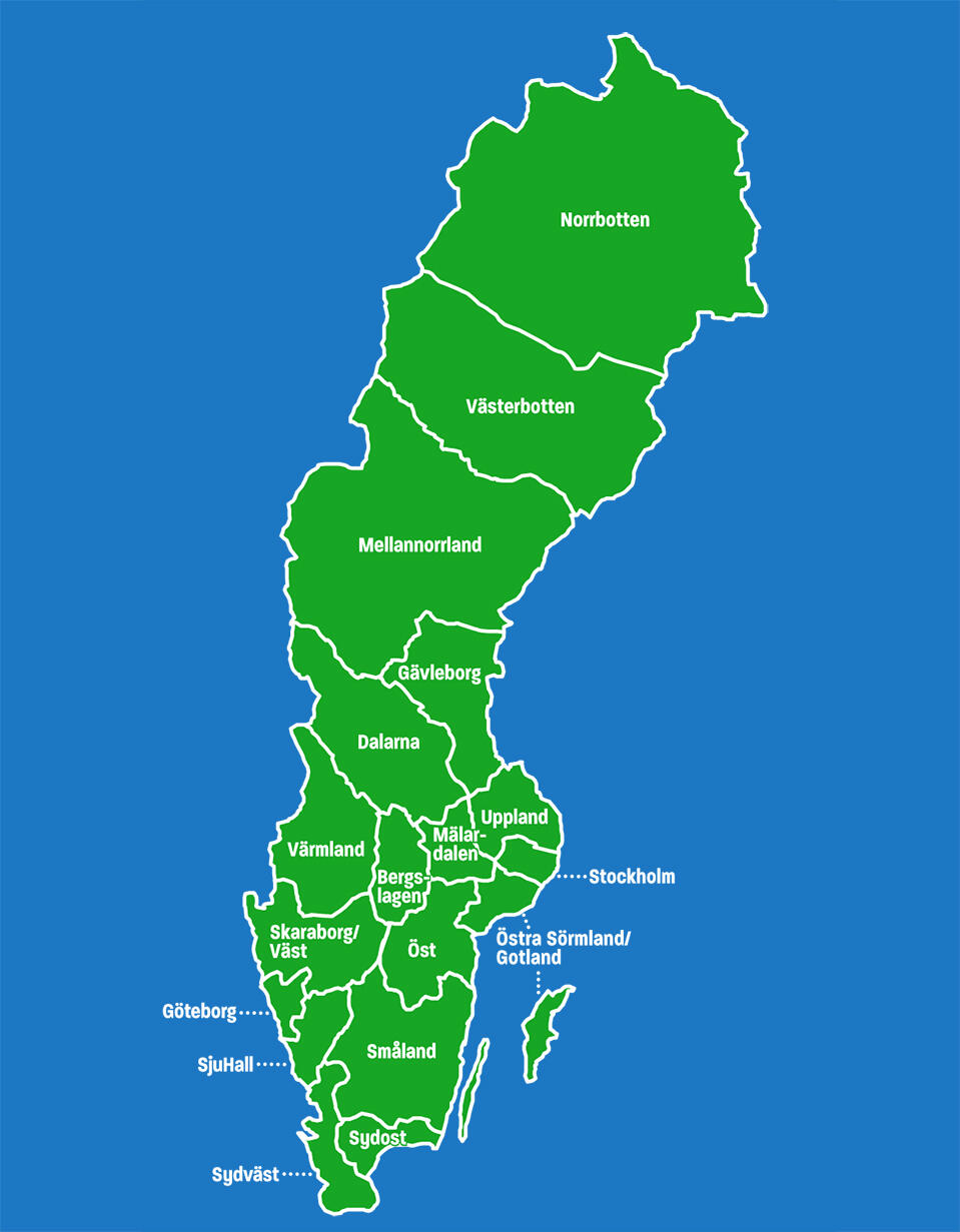 Sverigekarta över Unionens regioner
