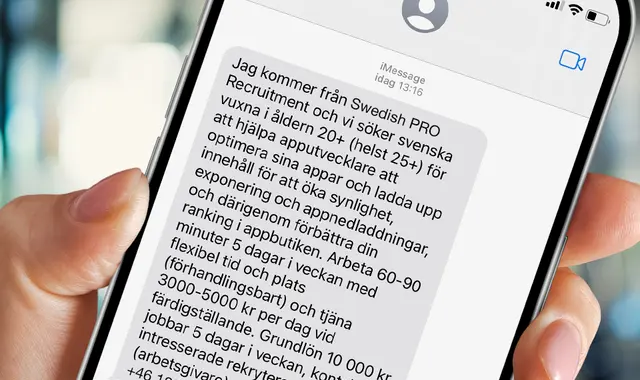 Bedrägeri-sms där man försöker rekrytera folk till att bli app-utvecklare. 