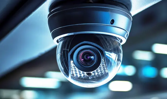 Övervakningskamera i blått ljus. 
