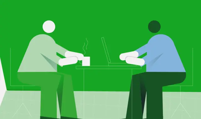 Illustration av två personer som sitter med varsin dator vid ett bord