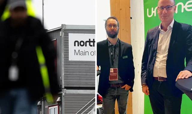 Anställda lämnar anläggningen på Northvolt, samt bild på Unionens regionschef för västerbotten Patrik Nilsson och regionalaombudsmannen Dennis Meijer