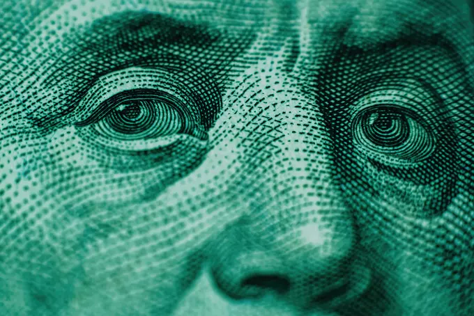 Benjamin Franklin, dollarbill, en dollarsedel, närbild