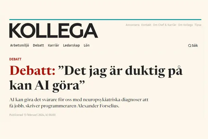 Unionens medlemstidning Kollega; Debatt: Det jag är duktig på kan AI göra