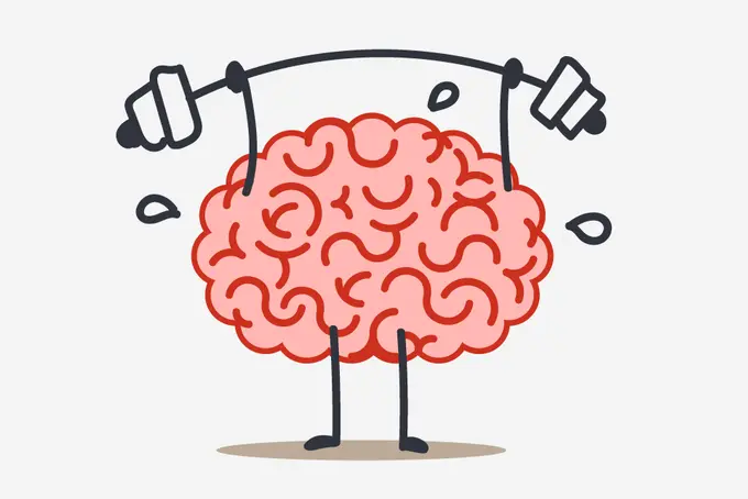 Tecknad hjärna som lyfter vikter.
