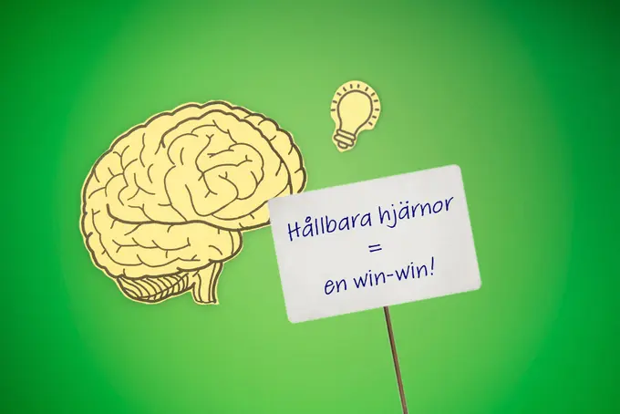 Illustration med en hjärna samt skylten med texten "hållbara hjärnor = en win win"