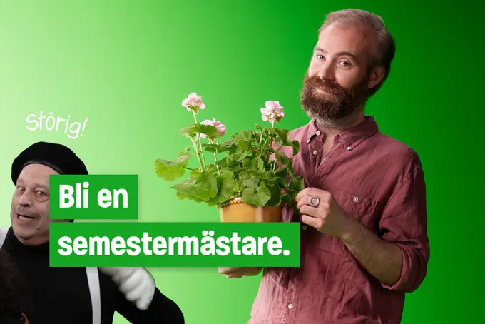 Bild med man som står med blommor i händerna och rubriken "Bli en semestermästare".