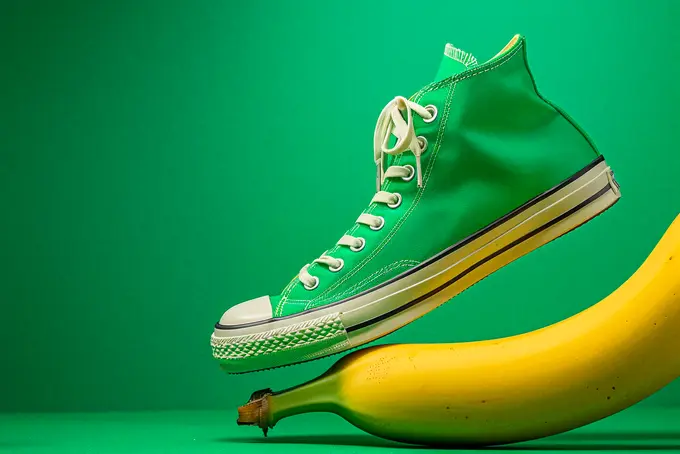 Bild på en banan med an sko som håller på och trampar på den.