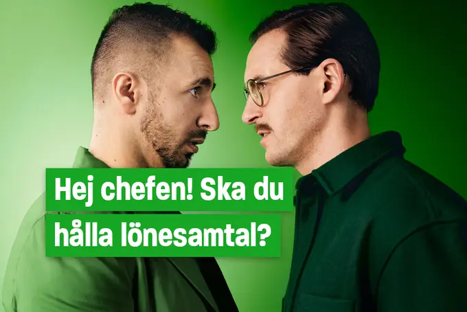 En chef och en anställd tittar nevöst på varandra och rubriken: Hej chefen! Ska du hålla lönesamtal