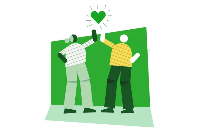 Två tecknade figurer håller upp varsin arm mot ett grönt hjärta