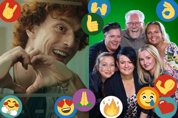 En person gör handhjärta och en grupp människor står mot grönt