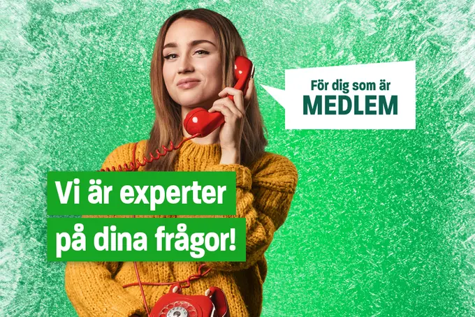Kvinna som håller i en telefon och texten "Vi är experter på dina frågor".