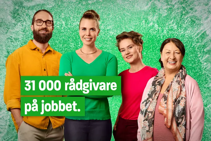Bild med frost på med fyra personer som tittar mot kameran. Med texten: 31 000 rådgivare på jobbet.