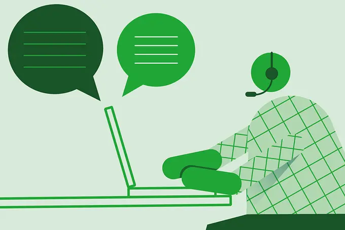 Illustration av person som sitter med headset vid dator