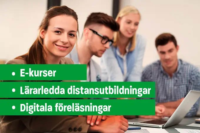 Flera personer vid en laptop. Text om Unionens utbildningar