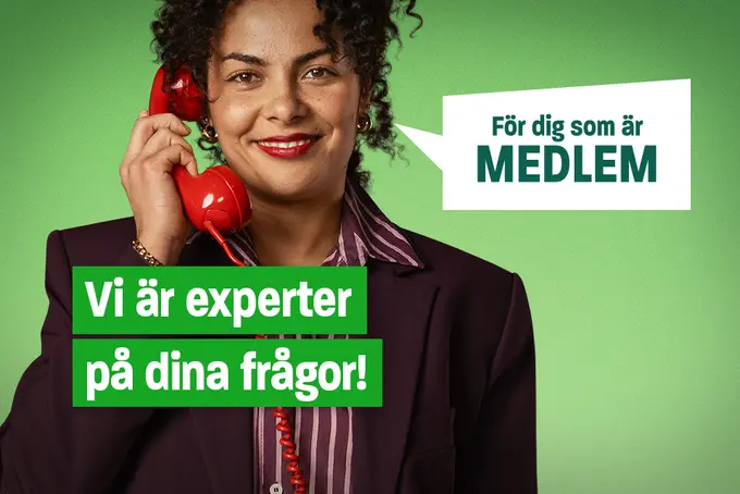 Bild på en kvinna som håller i en röd gammal trådtelefon och texten "Vi är experter på dina frågor!"