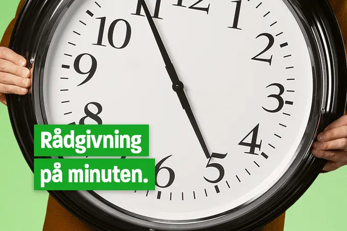 ENn bild på någon som håller i en stor analog klocka och texten "Rådgivning på minuten."