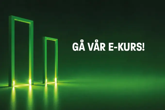 Grön bildyta med text "gå vår e-kurs"