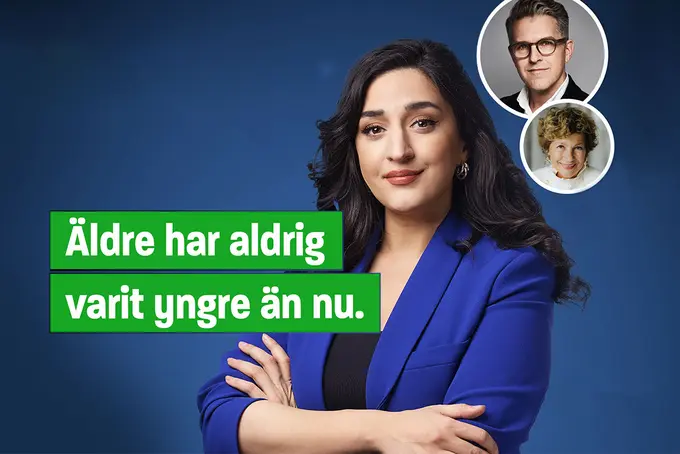 Video om åldersmyter med Parisa Amiri som programledare och gäster John Mellkvist och Amelia Adamo, med texten ”Äldre har aldrig varit yngre än nu”.