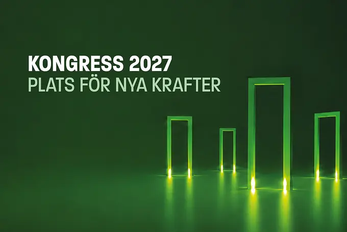 Illustration på gröna lysande dörrar och texten kongress 2027 - plats för nya krafter