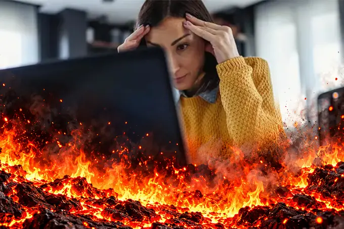 Bild på kvinna som tänker med eldslågor som slår upp