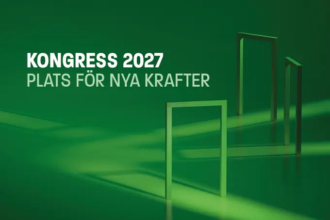 Grön illustration med olika dörröppningar och rubrik Kongress 2027 - plats för nya krafter