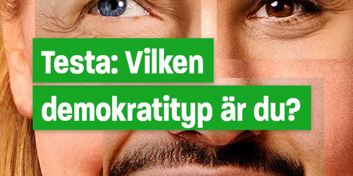 Ansikte bestående av ett flertal olika personer. Rubrik Testa vilken demokratityp är du?