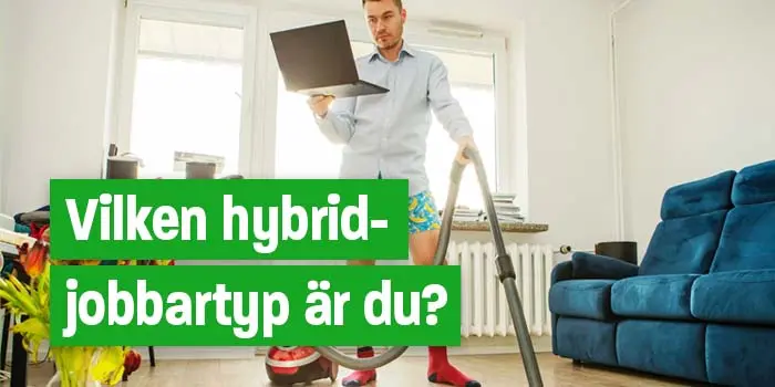 Man jobbar hemma med laptop och dammsuger samtidigt